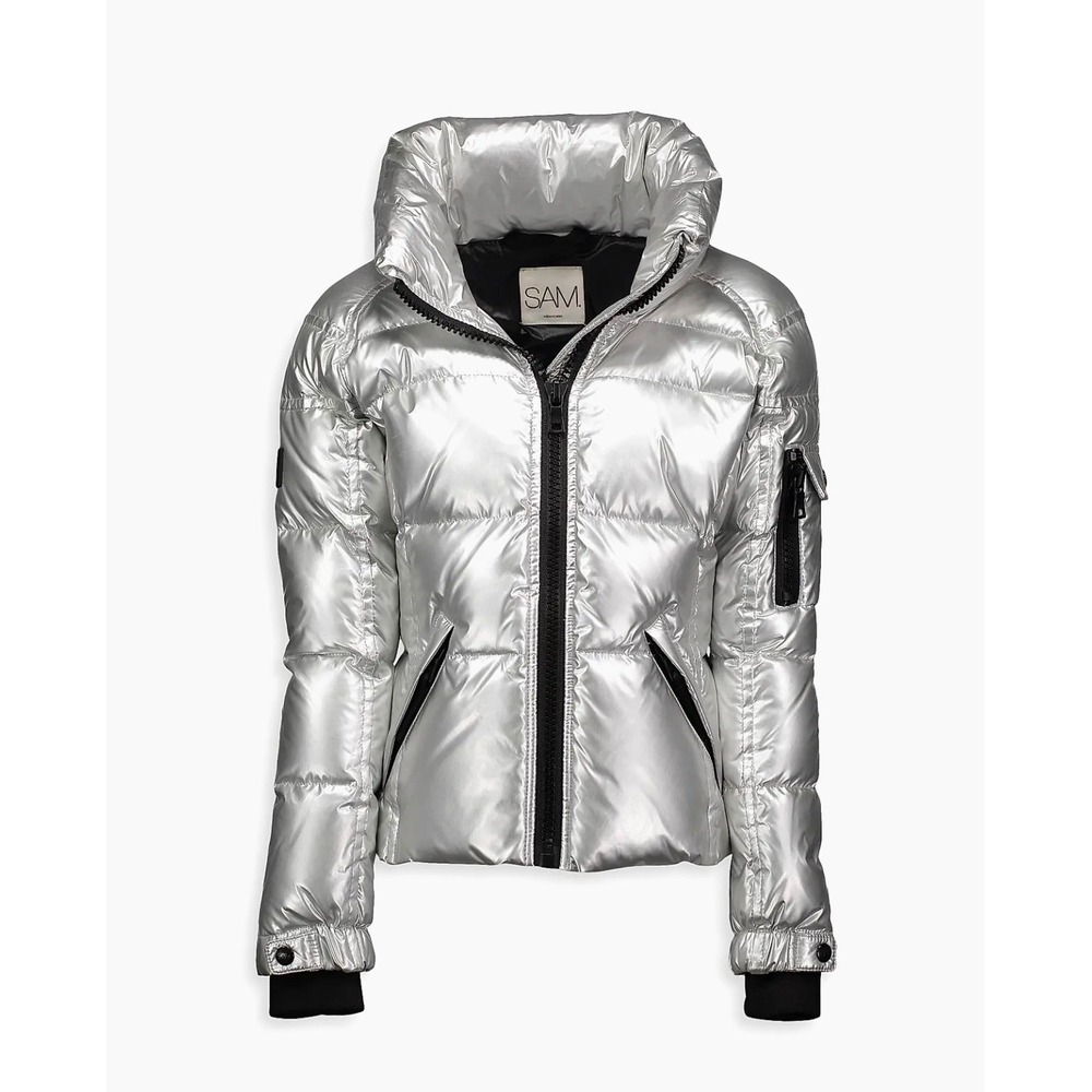 SAM New York Freestyle Down Puffer Jacket Metallic Silver Womens Small Bomber - Picture 1 of 16